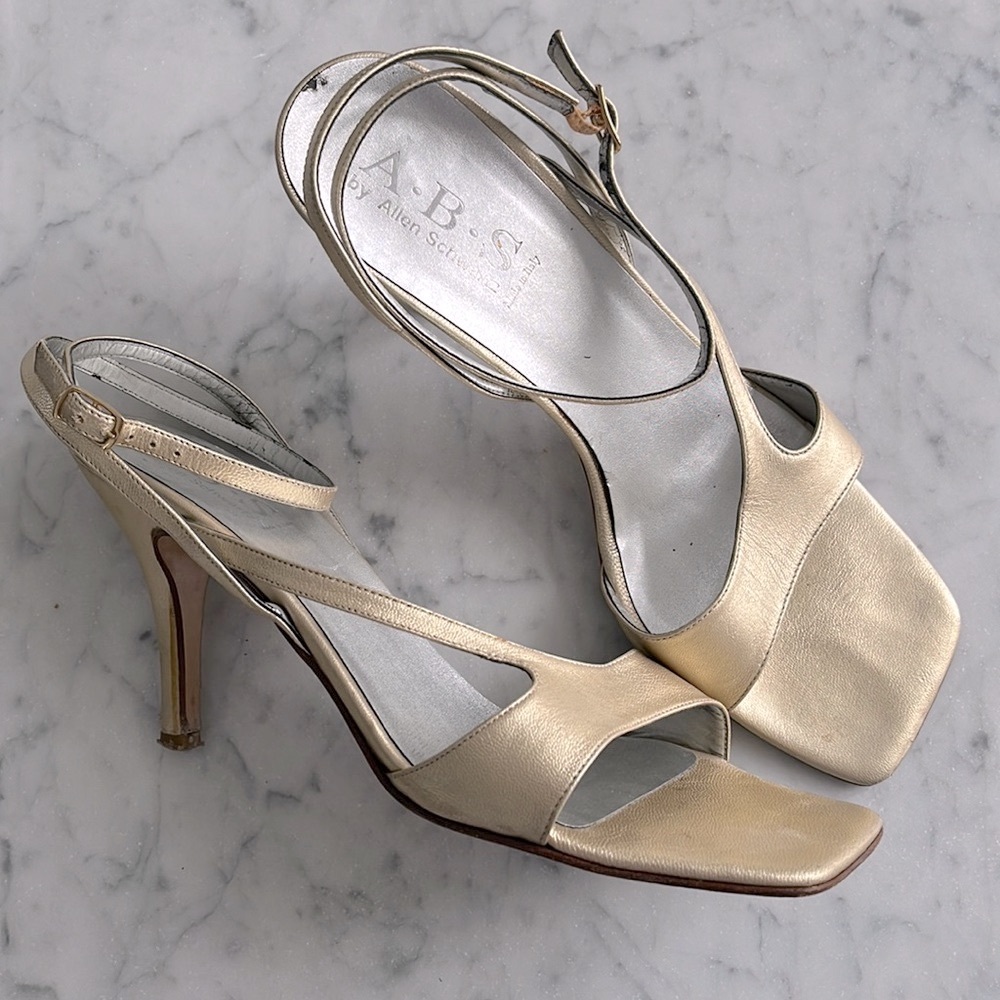 ABS Allen Schwartz Champagne Satin Open-Toe Slingback Heels